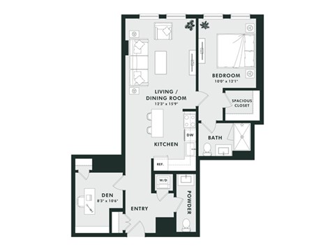 Floor plan for 1 bed, 1.5 baths, 886 sqft